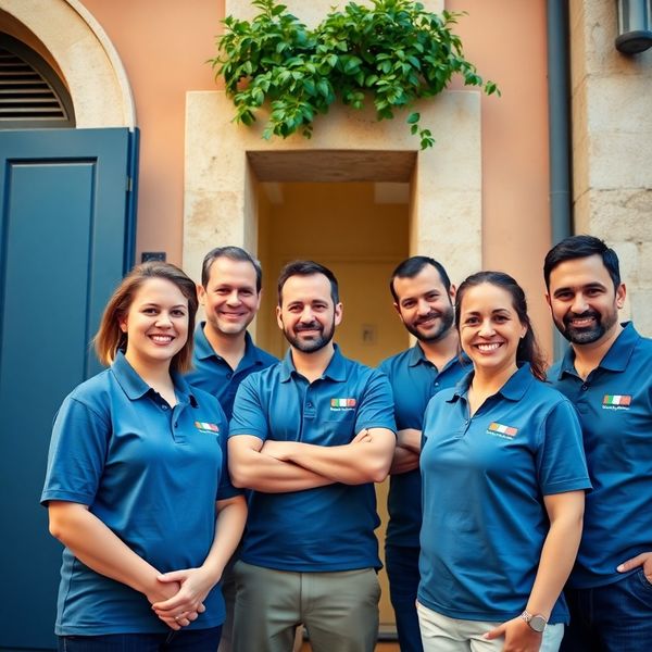 Il team di Casa Costa, cinque persone in polo blu ardesia, davanti a un edificio residenziale a Bari